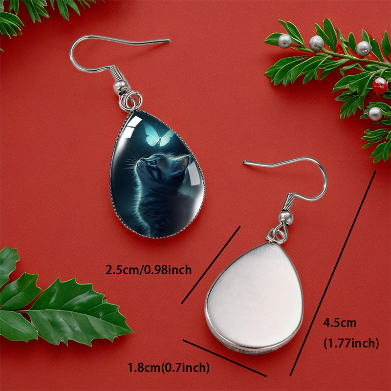 Kitten & Butterfly Illustration Waterdrop Earrings, Gift